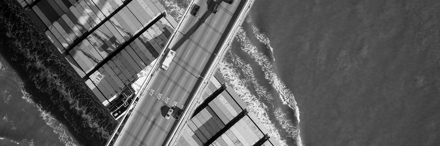 Arial view of bay container ship.