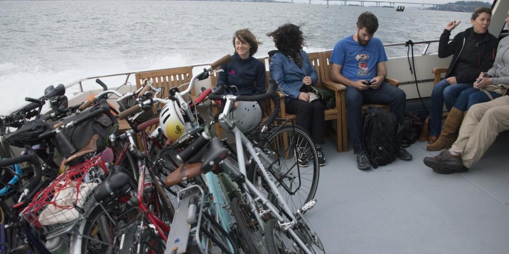 Windswept bicycle commuters on the Berkeley ferry.