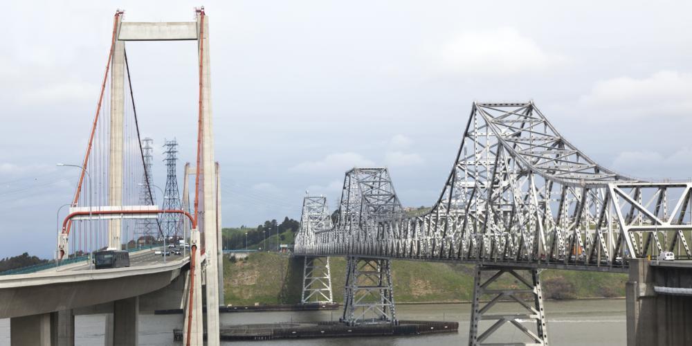 Looking down the length of the two spans of the Carquinez Bridge.