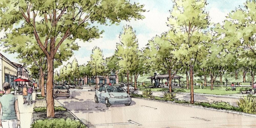Rendering of Mission Blvd. Tree-lined roadway with pedestrian walkways.