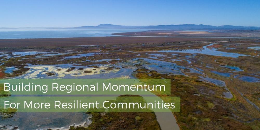Text reads "Building Regional Momentum For More Resilient Communities" over a picture of bay wetlands.