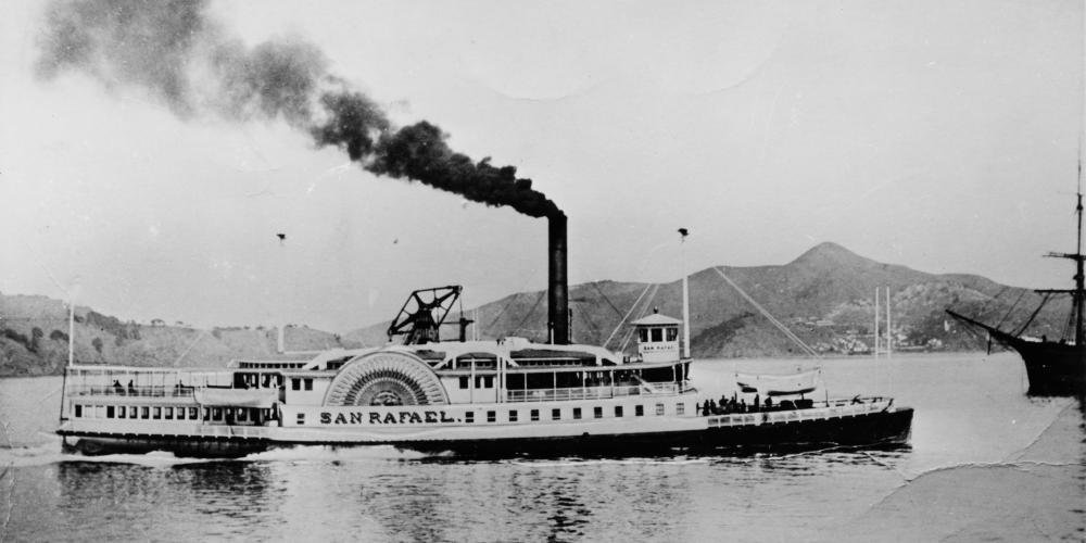 A black and white vintage photo of a ferry cruising on water with the words SAN RAFAEL on the side, possibly from the 1930s.