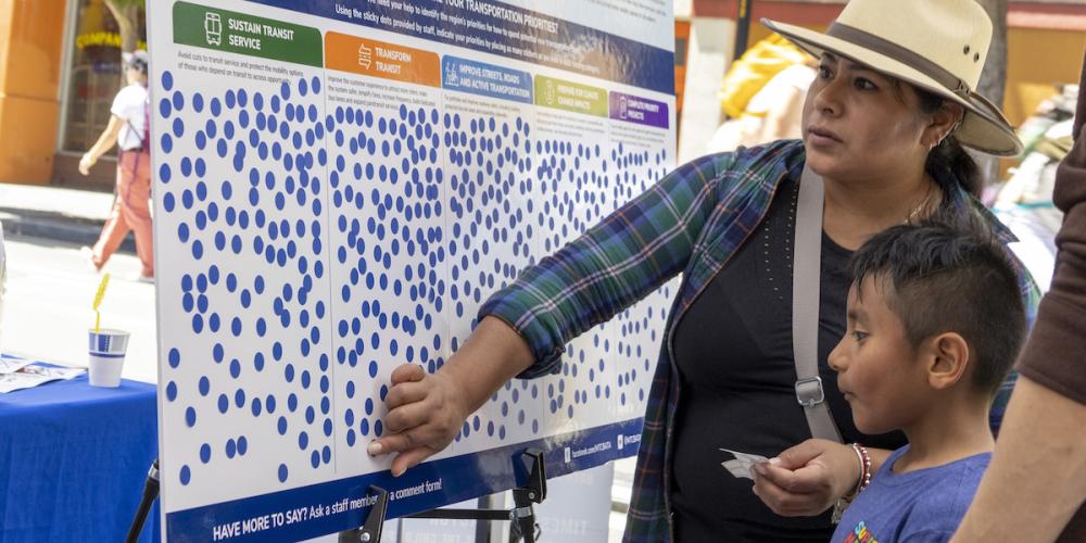 A woman in a hat and a child look at a display board at a Plan Bay Area 2050+ pop-up workshop at San Francisco Sunday Streets.