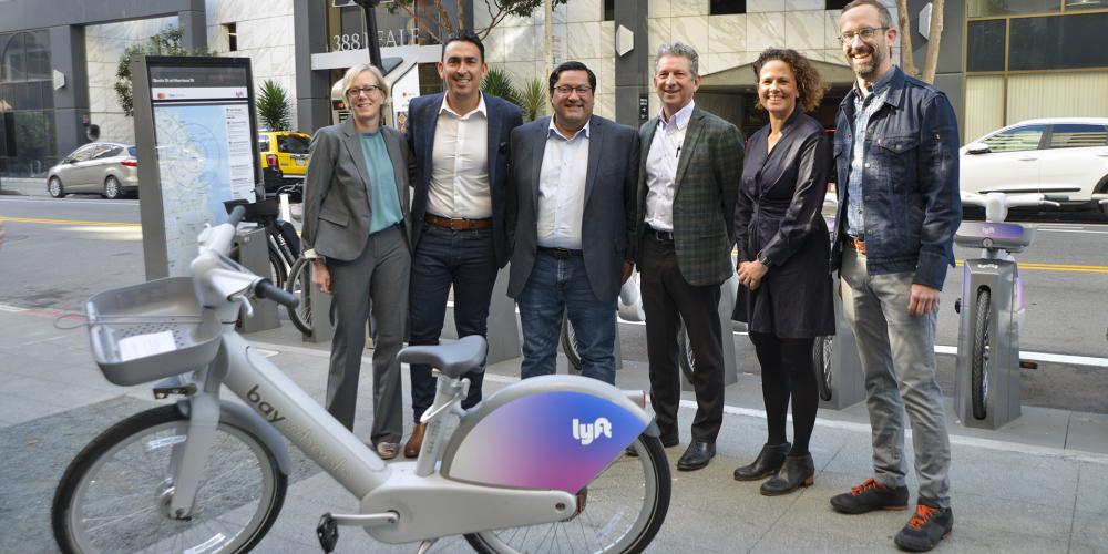 Alix Bockelman (MTC), Alfredo Pedroza (MTC Chair), Jesse Arreguin (ABAG President), Caroline Samponaro (Lyft), and Christopher White (SFBC).