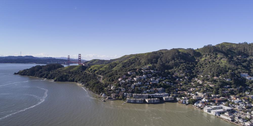 Marin County's eastern shore, with the Golden Gate Bridge and San Francisco in the background.