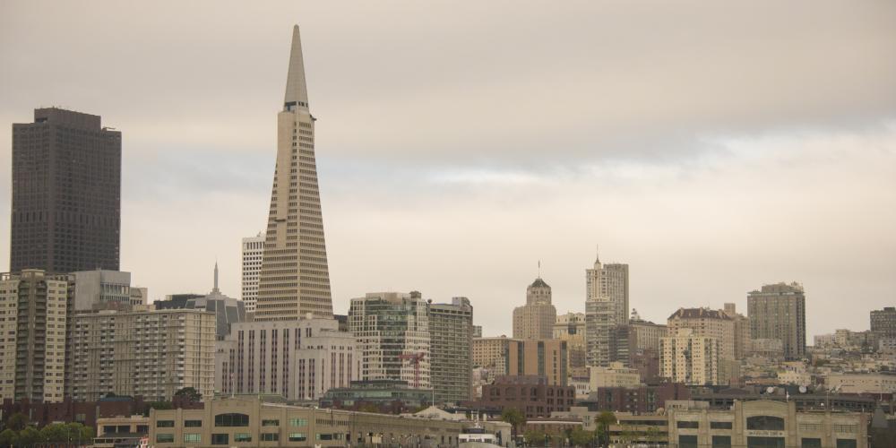 The San Francisco skyline as seen from the bay coming from Oakland.