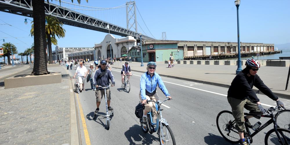 Cyclists and pedestrians take advantage of the carfree Embarcadero in San Francisco for Sunday's Streets.
