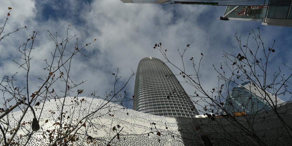 A photo looking up at the blue/cloudy sky with the top of the Salesforce Tower, some of the exterior facade of the new Transbay Terminal, and the silhouette of some budding tree branches all in the foreground.