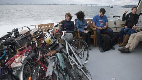Windswept bicycle commuters on the Berkeley ferry.