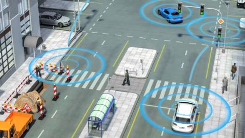 A rendering with vehicles with circles around them, indicating awareness of automated vehicles.