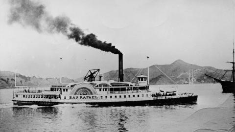 A black and white vintage photo of a ferry cruising on water with the words SAN RAFAEL on the side, possibly from the 1930s.