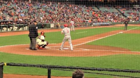 at a giants game behind the batter